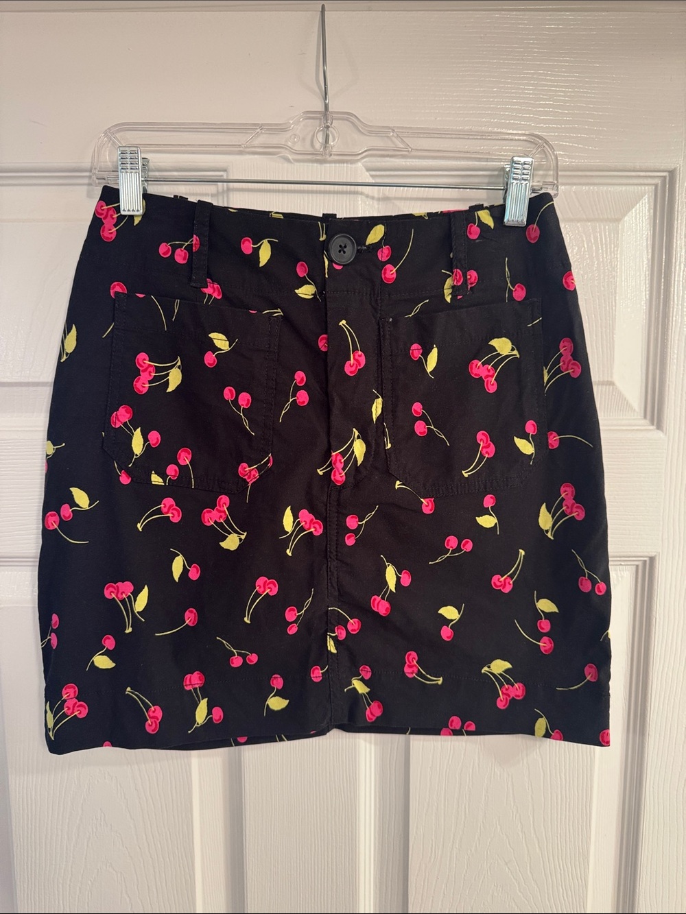 Anthropologie Black Mini Skirt with Pink Cherry Print